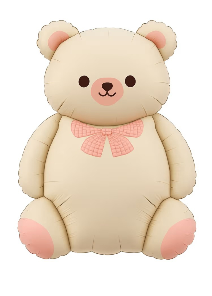 Folyo Balon Bej Renk Büyük Ayı Pembe Fiyonklu 